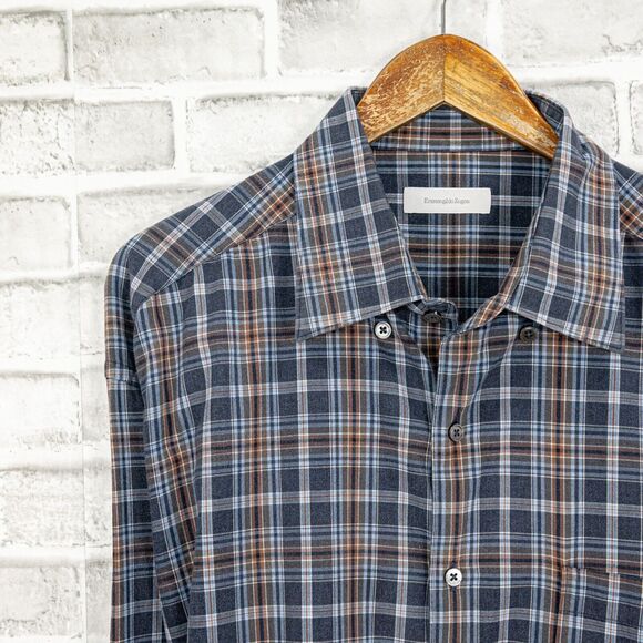 Ermenegildo Zegna Men's 2XB Button up Shirt Blue Plaid Cotton - Picture 4 of 7